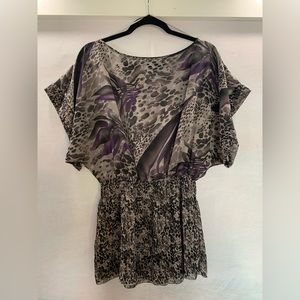 Miley Cyrus Max Azria Animal Print Sheer Short Sleeve Kimono Blouse Size Medium